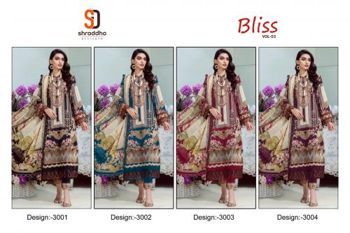 SHARADDHA DESIGNER BLISS VOL-03 3001 TO 3004 Price - Chiffon Dup - 2400, Cotton Dup - 2596