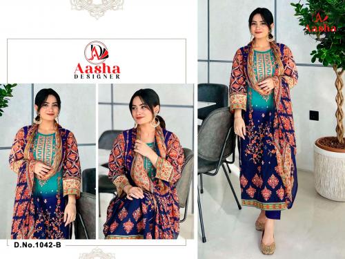 AASHA DESIGNER HARSHA VOL-4 1042-B Price - CHIFFON DUP - 725, COTTON DUP - 775