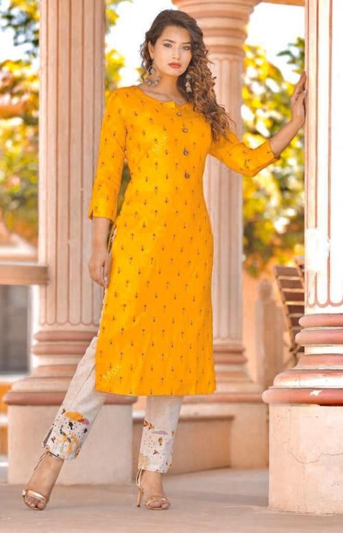 Bindia Yellow Rayon Embroidered Kurti With Pant | Bhadar